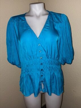 Marc New York Turquoise Button-Front Smocked Peasant Blouse